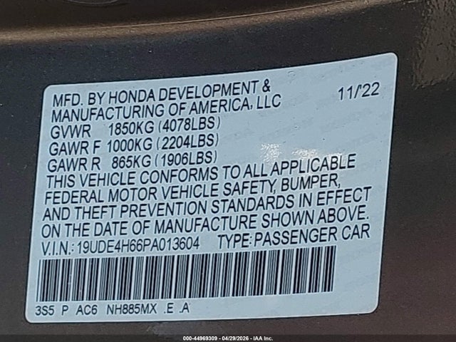 44969309 :رقم المزاد ، 19UDE4H66PA013604 vin ، 2023 Acura Integra A-spec Technology مزاد بيع