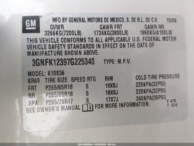 Продаж на аукціоні авто 2007 Chevrolet Avalanche 1500 Lt, vin: 3GNFK12397G225340, номер лоту: 44969344