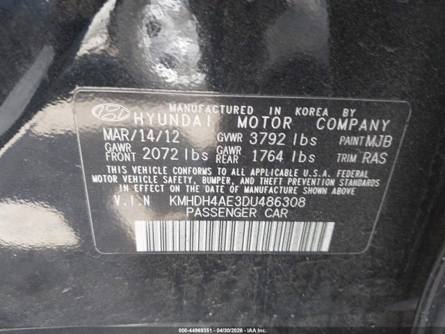 44969351 :رقم المزاد ، KMHDH4AE3DU486308 vin ، 2013 Hyundai Elantra Limited مزاد بيع