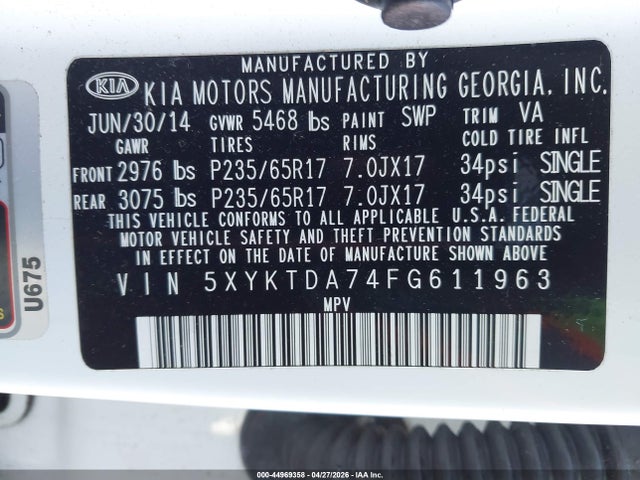 2015 Kia Sorento Lx V6 მანქანა იყიდება აუქციონზე, vin: 5XYKTDA74FG611963, აუქციონის ნომერი: 44969358