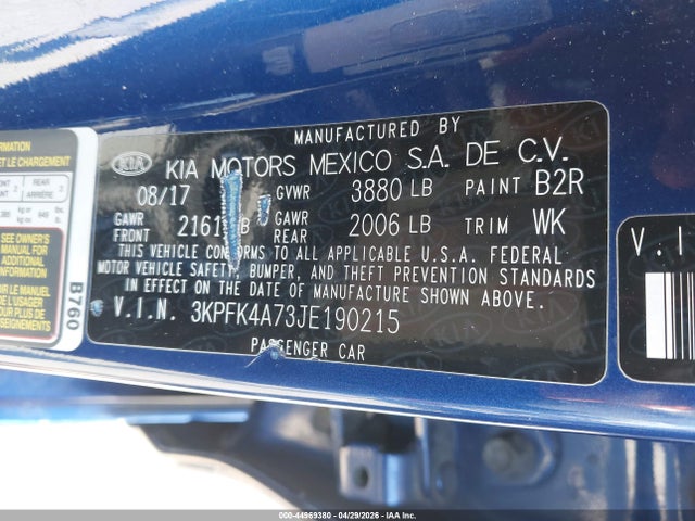 3KPFK4A73JE190215 KIA FORTE LX