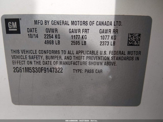 Aukcja sprzedaży 2015 Cadillac Xts Luxury, vin: 2G61M5S30F9147322, numer aukcji: 44969396