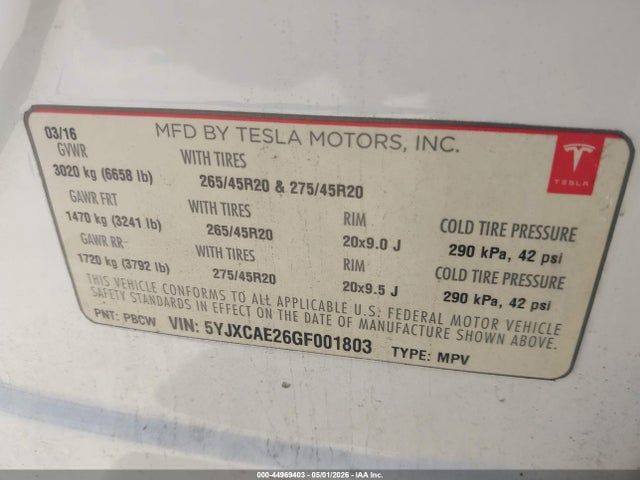 Tesla Model X 60d/70d/75d/90d 2016 5YJXCAE26GF001803 Image 9