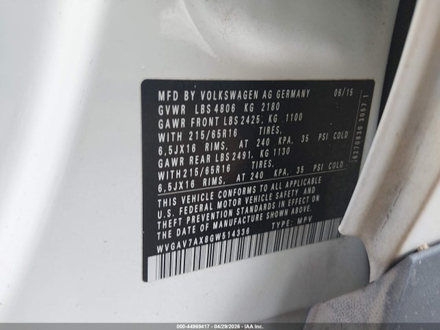 Aukcja sprzedaży 2016 Volkswagen Tiguan S, vin: WVGAV7AX8GW514336, numer aukcji: 44969417