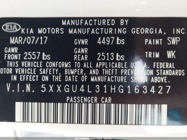 Aukcja sprzedaży 2017 Kia Optima Ex, vin: 5XXGU4L31HG163427, numer aukcji: 44969422