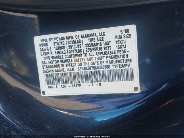Aukcja sprzedaży 2008 Honda Odyssey Ex-l, vin: 5FNRL38758B086260, numer aukcji: 44969432
