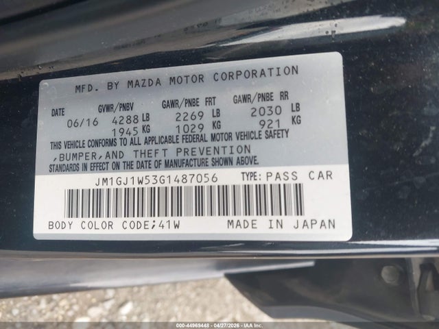 2016 Mazda Mazda6 I Grand Touring მანქანა იყიდება აუქციონზე, vin: JM1GJ1W53G1487056, აუქციონის ნომერი: 44969448