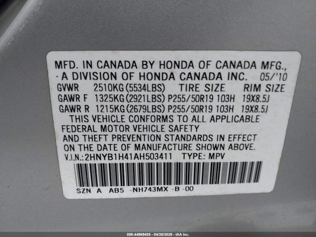 Aukcja sprzedaży 2010 Acura Zdx, vin: 2HNYB1H41AH503411, numer aukcji: 44969455