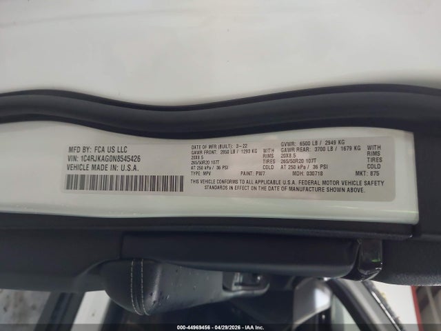 44969456 :رقم المزاد ، 1C4RJKAG0N8545426 vin ، 2022 Jeep Grand Cherokee L Altitude 4x4 مزاد بيع