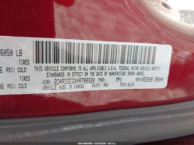 Aukcja sprzedaży 2017 Dodge Grand Caravan Gt, vin: 2C4RDGEGXHR789320, numer aukcji: 44969458