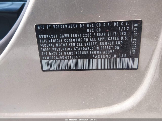 44969469 :رقم المزاد ، 3VWDP7AJ0DM248357 vin ، 2013 Volkswagen Jetta 2.5l Se مزاد بيع