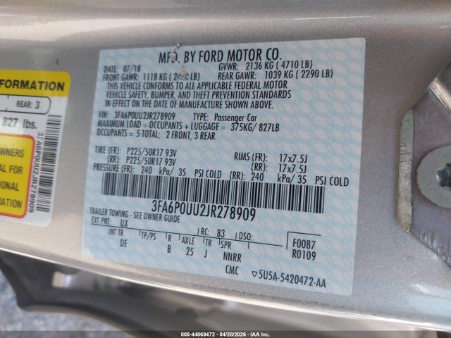 Ford Fusion Hybrid S 2018 3FA6P0UU2JR278909 Image 9