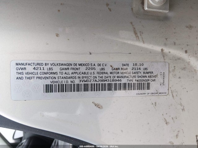 44969498 :رقم المزاد ، 3VWDZ7AJ9BM318946 vin ، 2011 Volkswagen Jetta 2.5l Se مزاد بيع