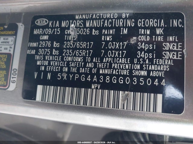 5XYPG4A38GG035044 KIA Sorento 2.4l Lx