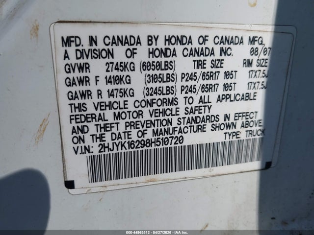 Продажа на аукционе авто 2008 Honda Ridgeline Rt, vin: 2HJYK16298H510720, номер лота: 44969512