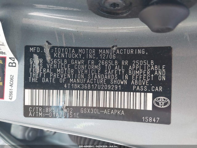 Aukcja sprzedaży 2007 Toyota Avalon Limited, vin: 4T1BK36B17U209291, numer aukcji: 44969541