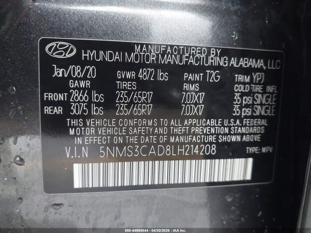 Hyundai Santa Fe Sel 2020 5NMS3CAD8LH214208 Image 9