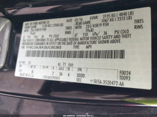 Продаж на аукціоні авто 2016 Ford Escape Titanium, vin: 1FMCU9J9XGUC80365, номер лоту: 44969546