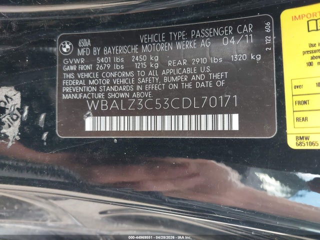 Продаж на аукціоні авто 2012 Bmw 650i, vin: WBALZ3C53CDL70171, номер лоту: 44969551
