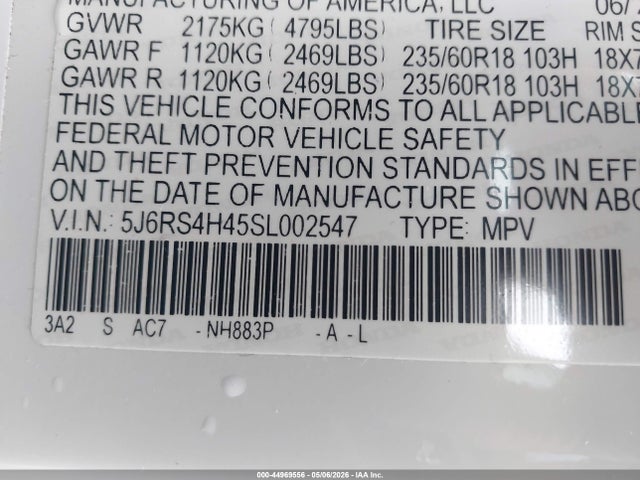 44969556 :رقم المزاد ، 5J6RS4H45SL002547 vin ، 2025 Honda Cr-v Ex Awd مزاد بيع