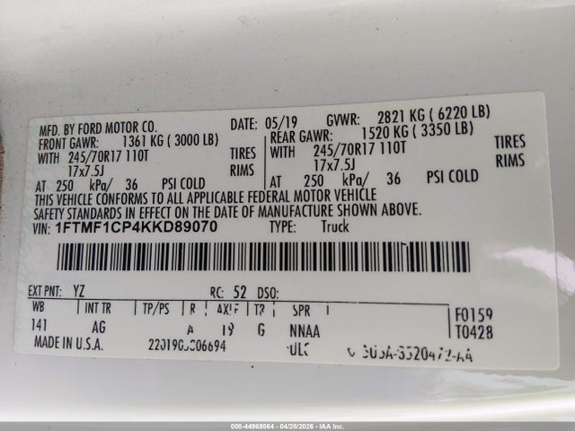 44969564 :رقم المزاد ، 1FTMF1CP4KKD89070 vin ، 2019 Ford F-150 Xl مزاد بيع