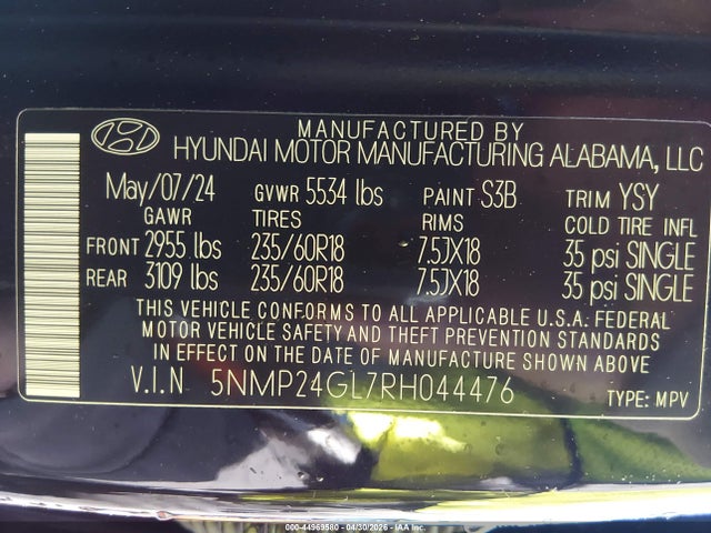 Aukcja sprzedaży 2024 Hyundai Santa Fe Sel, vin: 5NMP24GL7RH044476, numer aukcji: 44969580