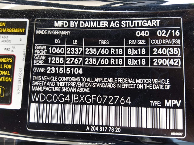 Aukcja sprzedaży 2016 Mercedes-benz Glc 300, vin: WDC0G4JBXGF072764, numer aukcji: 44969579