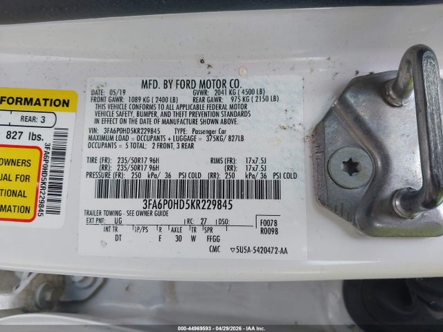 Продажа на аукционе авто 2019 Ford Fusion Se, vin: 3FA6P0HD5KR229845, номер лота: 44969593