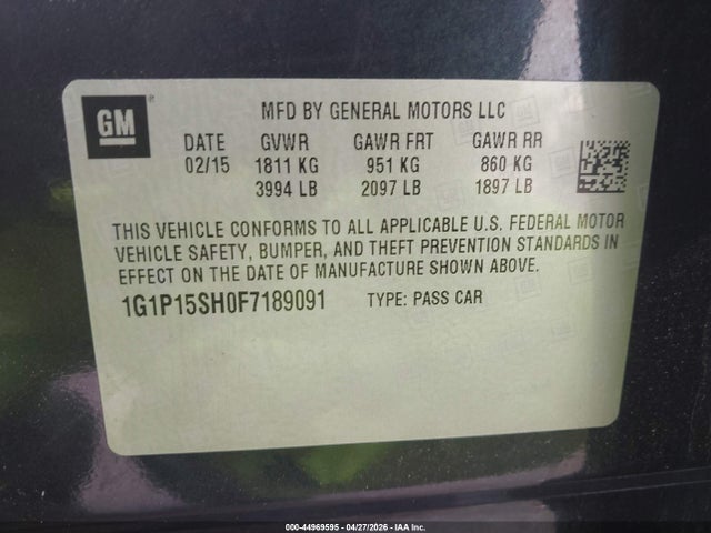 2015 Chevrolet Cruze L Manual მანქანა იყიდება აუქციონზე, vin: 1G1P15SH0F7189091, აუქციონის ნომერი: 44969595