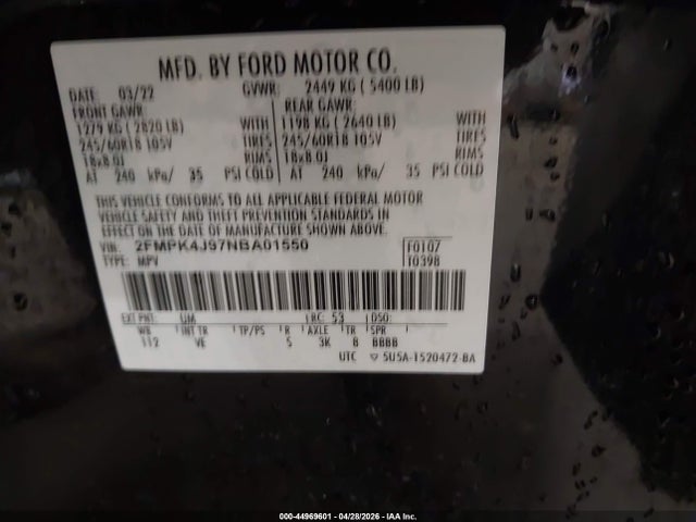 Auction sale of the 2022 Ford Edge Sel, vin: 2FMPK4J97NBA01550, lot number: 44969601