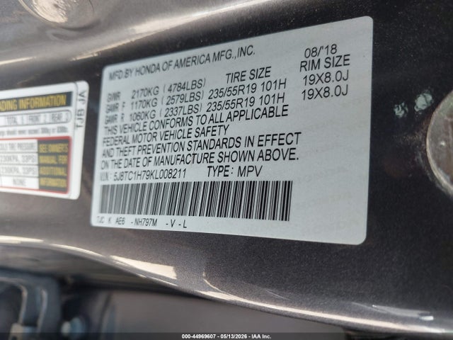 44969607 :رقم المزاد ، 5J8TC1H79KL008211 vin ، 2019 Acura Rdx Advance Package مزاد بيع
