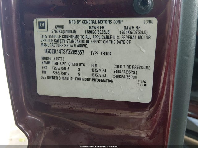 Aukcja sprzedaży 2000 Chevrolet Silverado 1500 Ls, vin: 1GCEK14T3YZ285357, numer aukcji: 44969611