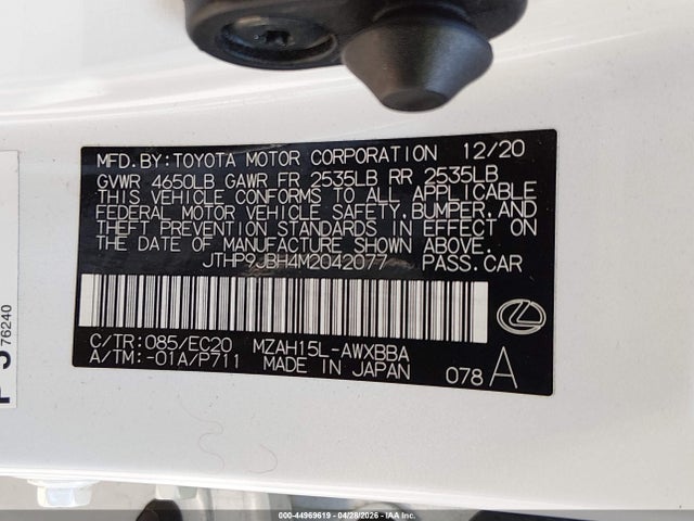 Aukcja sprzedaży 2021 Lexus Ux 250h, vin: JTHP9JBH4M2042077, numer aukcji: 44969619