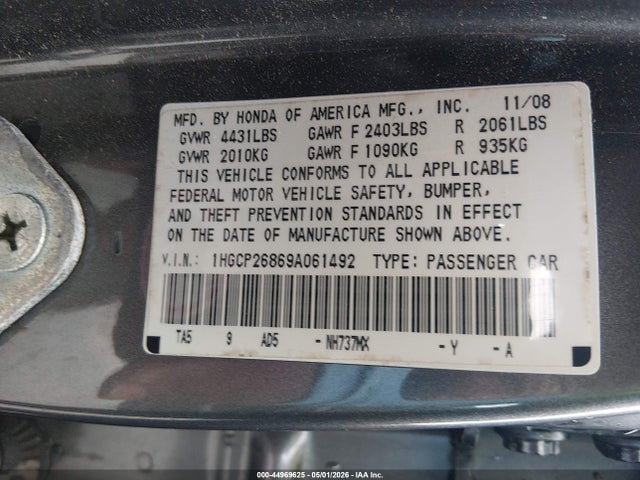 44969625 :رقم المزاد ، 1HGCP26869A061492 vin ، 2009 Honda Accord 2.4 Ex-l مزاد بيع
