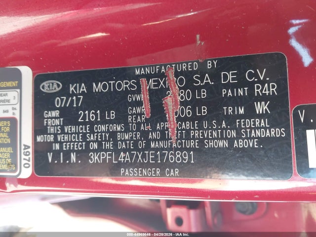 3KPFL4A7XJE176891 KIA FORTE S