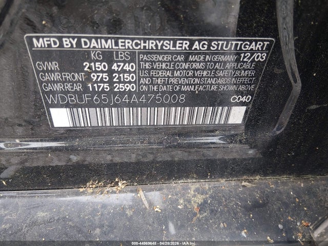Aukcja sprzedaży 2004 Mercedes-benz E 320, vin: WDBUF65J64A475008, numer aukcji: 44969648