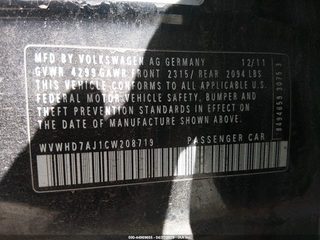 Aukcja sprzedaży 2012 Volkswagen Gti 4-door, vin: WVWHD7AJ1CW208719, numer aukcji: 44969655