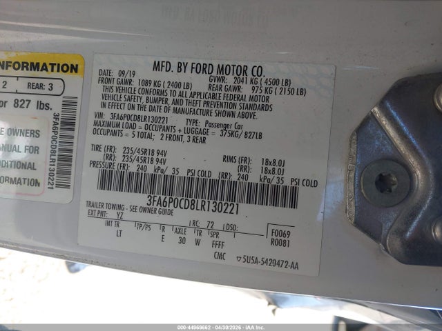Ford FUSION SEL 2020 3FA6P0CD8LR130221 Image 9