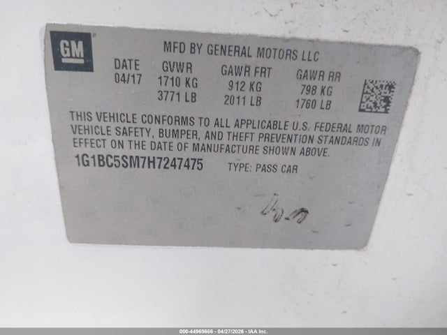 Продажа на аукционе авто 2017 Chevrolet Cruze Ls Auto, vin: 1G1BC5SM7H7247475, номер лота: 44969666
