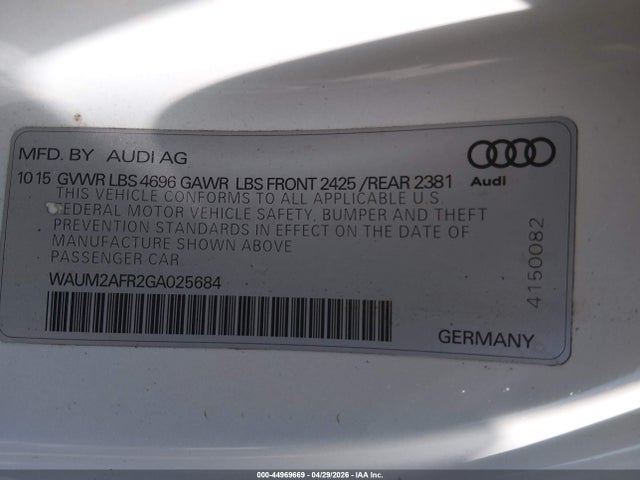 Продаж на аукціоні авто 2016 Audi A5 2.0t Premium, vin: WAUM2AFR2GA025684, номер лоту: 44969669