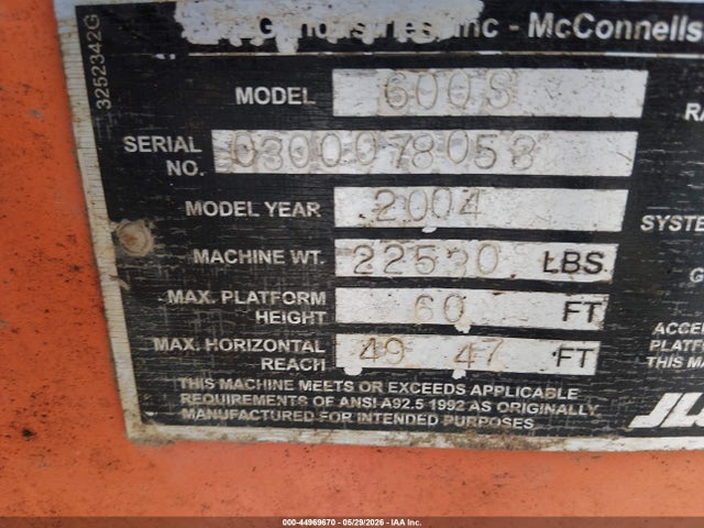 Продаж на аукціоні авто 2004 Jlg Lift 600s, vin: 0300078058, номер лоту: 44969670