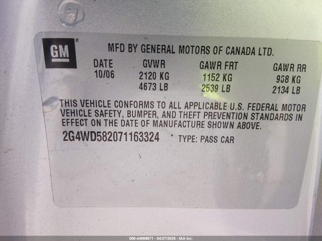 Продажа на аукционе авто 2007 Buick Lacrosse Cxl, vin: 2G4WD582071163324, номер лота: 44969671