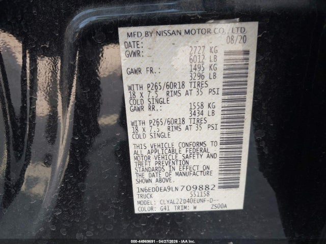 Продаж на аукціоні авто 2020 Nissan Frontier Sv 4x2, vin: 1N6ED0EA9LN709882, номер лоту: 44969691