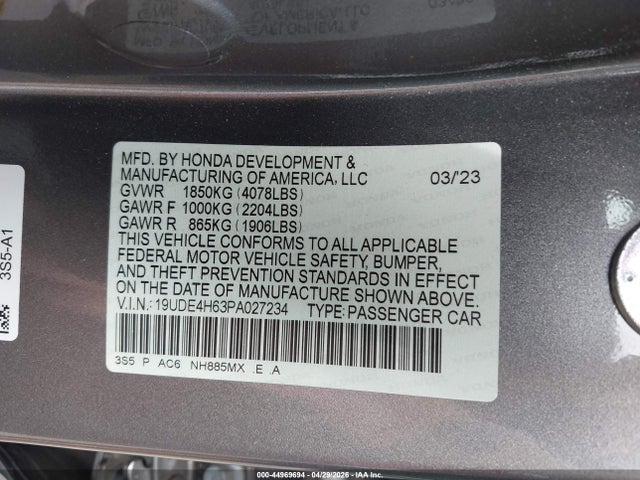 44969694 :رقم المزاد ، 19UDE4H63PA027234 vin ، 2023 Acura Integra A-spec Technology مزاد بيع