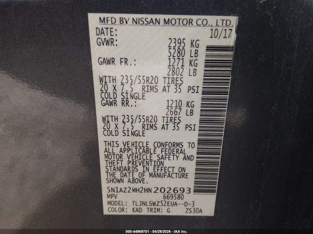 Aukcja sprzedaży 2017 Nissan Murano Platinum, vin: 5N1AZ2MH2HN202693, numer aukcji: 44969701