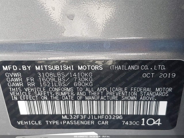 44969702 :رقم المزاد ، ML32F3FJ1LHF03296 vin ، 2020 Mitsubishi Mirage G4 Es مزاد بيع