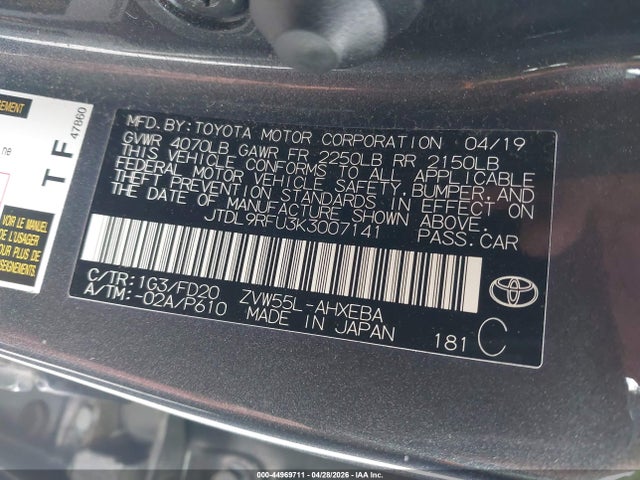 44969711 :رقم المزاد ، JTDL9RFU3K3007141 vin ، 2019 Toyota Prius Le مزاد بيع