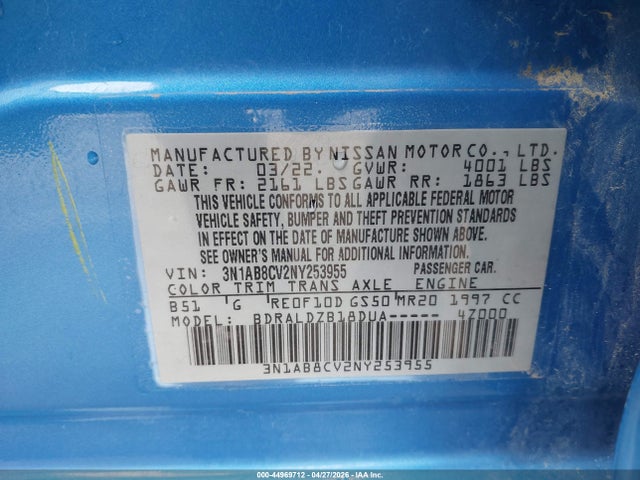Продаж на аукціоні авто 2022 Nissan Sentra Sv Xtronic Cvt, vin: 3N1AB8CV2NY253955, номер лоту: 44969712