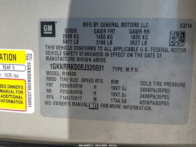 Продажа на аукционе авто 2014 Gmc Acadia Slt-1, vin: 1GKKRRKD0EJ326891, номер лота: 44969717