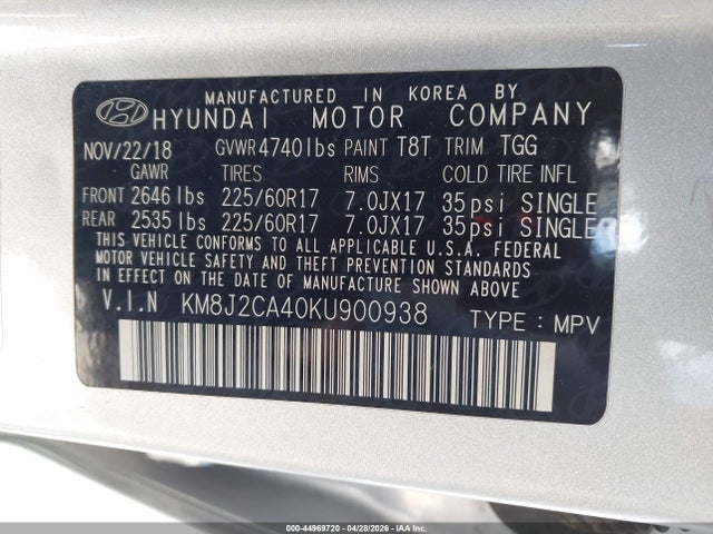 2019 Hyundai Tucson Se მანქანა იყიდება აუქციონზე, vin: KM8J2CA40KU900938, აუქციონის ნომერი: 44969720